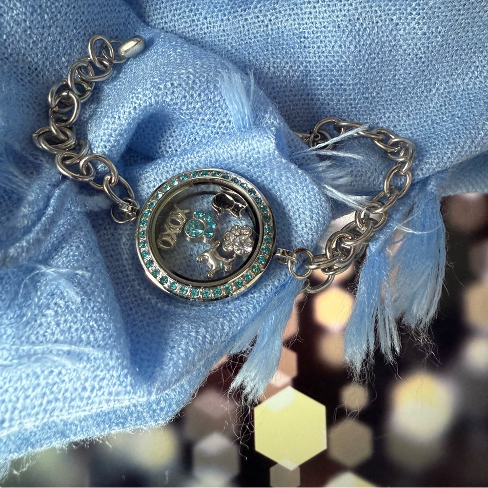 Silver Tone Floating Charm Bracelet • Pet Theme • Blue Stones • 9”